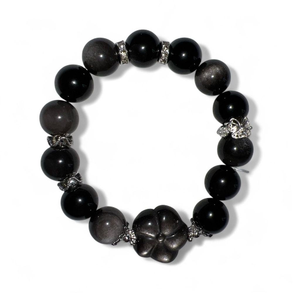 High Quality Silver Sheen Obsidian Stretch Bracelet HANDMADE Double Sided Flower - Picture 3 of 12